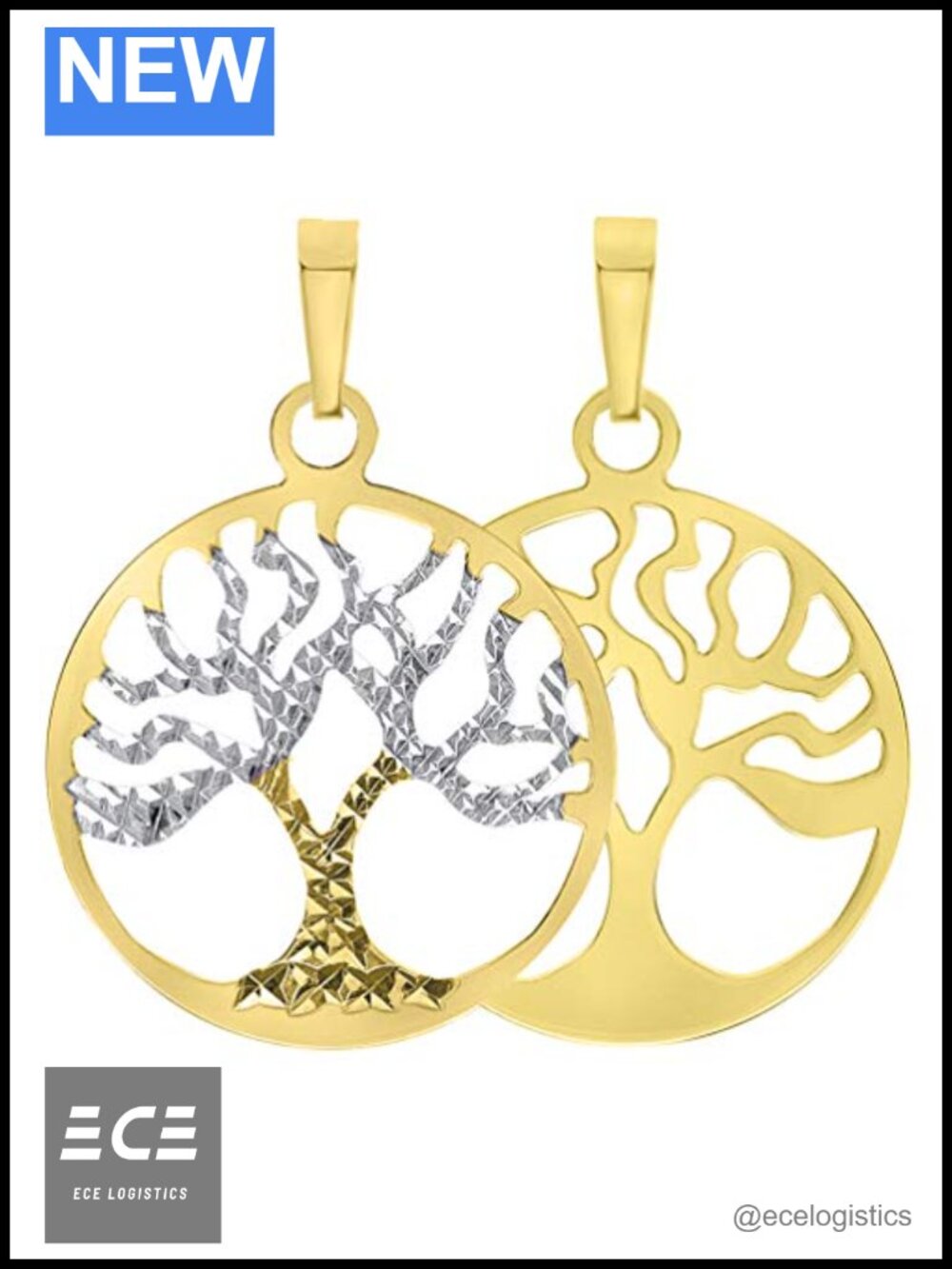 Solid 14K Yellow Gold Textured Reversible Round Tree of Life Charm Pendant